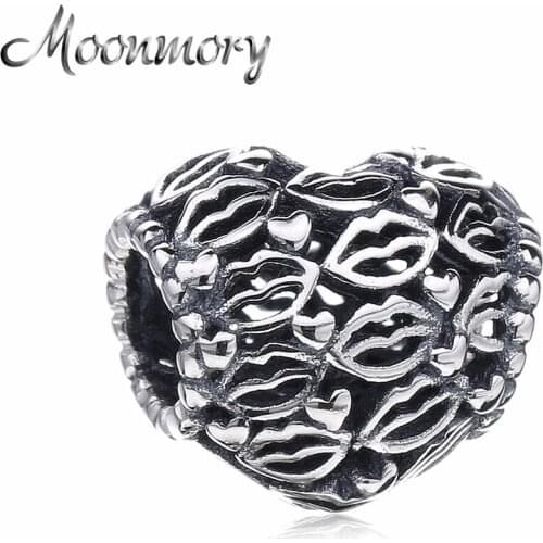 Moonmory Original 925 Sterling Silver Love Kiss Heart Charms Bead Fit For Bracelet Valentines Day Gift Bead For jewelry making