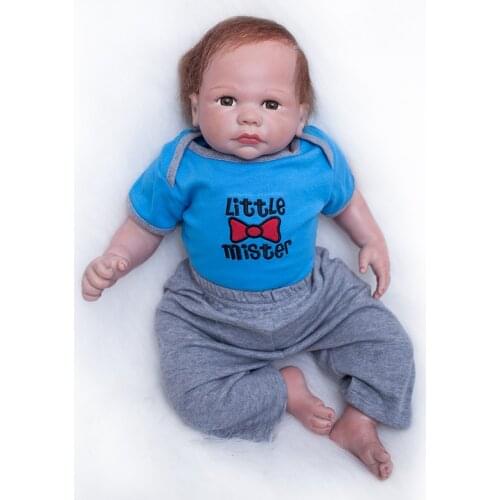 Nicery 20inch 50cm Bebe Doll Reborn Soft Silicone Boy Girl Toy Reborn Baby Doll Gift for Children blue T-shirt Gray Trousers
