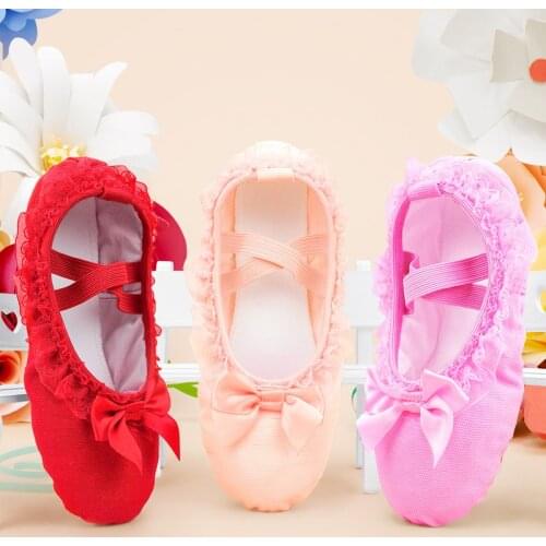 Girls Soft Canvas Ballet Slippers Lace Ballet Dance Shoes Pink For Kids