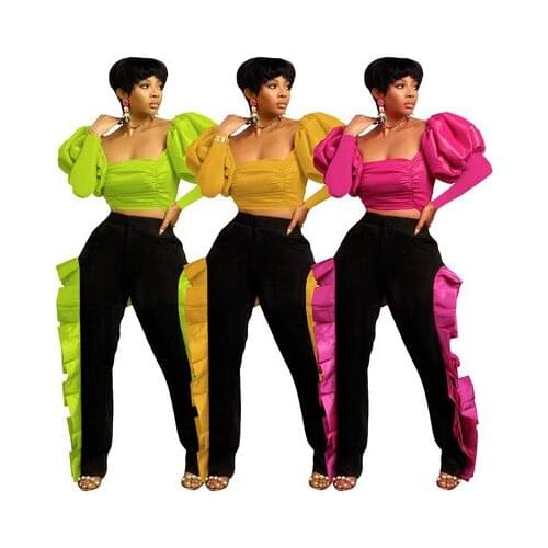 2021 New Product Cool Girl Streetwear Tracksuit Party Women Two Piece Outfits Puff Sleeve Crop Top K-Pop Pants Trousers Lounge