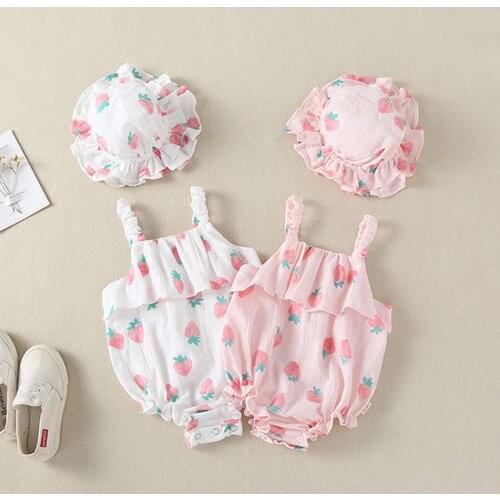 New 2021 Fashion Newborn Infant Baby Girls Clothes Straps Strawberry Print Romper Sunsuit Hat Bodysuit Romper Baby babykleding