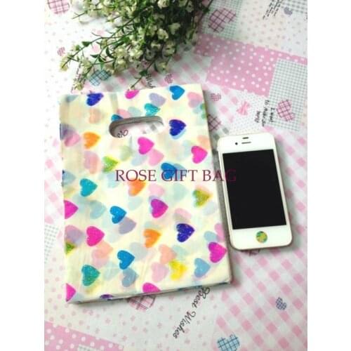 15x20cm Colorful Hearts Print Plastic Bags Jewelry Gifts Packaging Bags With Handle Boutique Packing Plastic Gift Bag 100pcs/lot