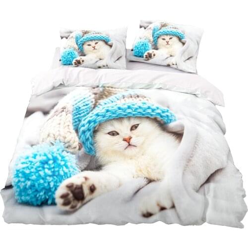HD Printing Duvet Cover 160x200 Pillowcase 3Pcs,245x210 Quilt Cover,white Blanket Cover , Lovely Cat Pattern Bedding Set