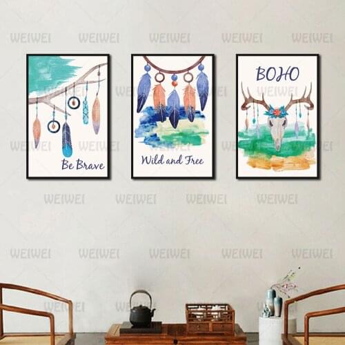 Home Poster Decoration Feathers of Various Colors Hanging On Trees and Antlers Canvas Painting Use In Living Room and Bedroom