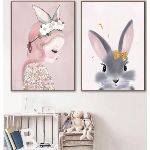 Princess Room Pink Cute Cartoon Character Animal Rabbit Baby Wall Canvas Painting Child Poster Print Nordic Kids Decor Picture