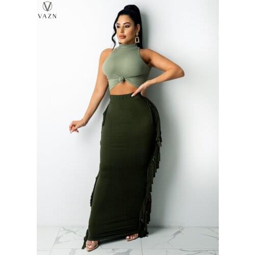 VAZN 2021 Hot Sales Tassel Long Maxi Skirts Young Sexy Soft Elastic Solid Fashion Joker High Waist Women Pencil Maxi Skirts