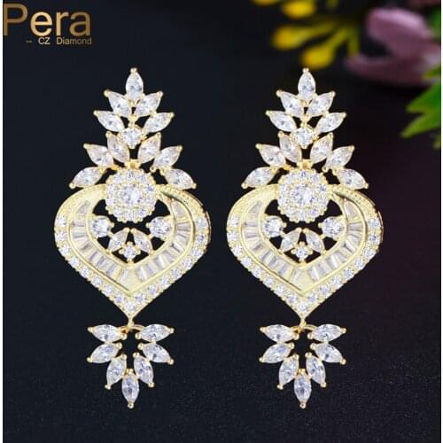 Pera Gorgeous Royal Indian Gold Shiny Cubic Zirconia Long Geometry Shape Dangle Earrings Wedding Party Jewelry for Women E764