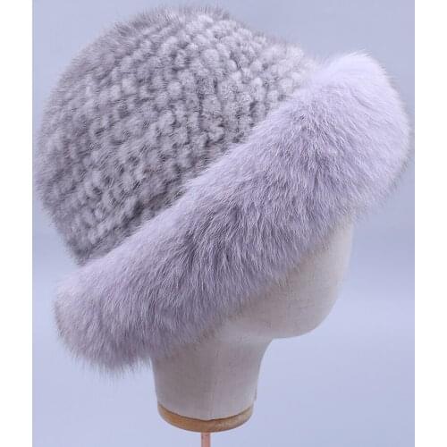 Womens Fahion Genuine Mink Fur Knitted Beanies Top Hat Real Fox Fur Brim Lady Fur Cap Solid Winter Russian Warm Hat Luxury