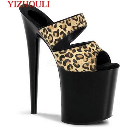 2018 Sexy Leopard Print 20cm Temptation Slippers Ultra High Thin Heels Platform 8 Inch Shoes Sexy Stripper Slippers