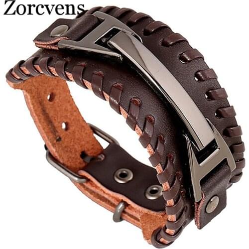 Modyle 2020 Vintage Punk Leather Bracelet 2 Color Black & Brown Fashion Clasp Multilayer Braid Rope Bracelet for Men Jewelry