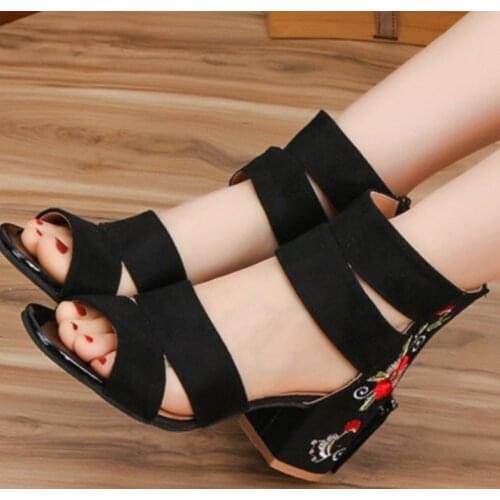 Woman Pumps High Heels Elastic Band Zipper Rubber Open Toe Embroider Dancing Party Wedding Ladies Shoes Zapatos Mujer cvb56