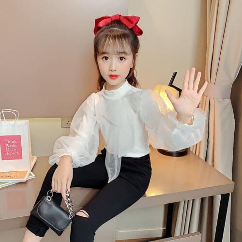 Girls Spring Autumn 2021 New Style Bottoming Shirt Big Childrens Solid Color Long-Sleeved Top Gauze Pullover All-Match