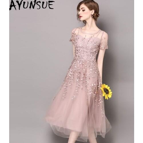 Vintage Elegant Lace Dress Women Clothes 2020 Summer Mesh Embroidery Party Pink Dress Women Dresses Bridesmaid Vestidos MY2552
