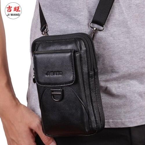 JIWANG Genuine Leather Vintage Waist Packs Mens Travel Belt Hook Bags Hip Bum Mobile Phone Pouch Small Square Shoulder Bags