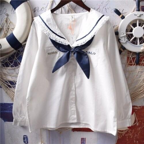 Japan Lolita White Shirts Women Vintage Princess Ruffle Lace Tops Teen Girl Sailor Collar Button Down Cute School Uniform Blouse