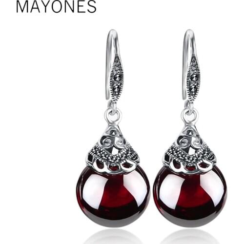 MAYONES 925 Sterling Silver Earrings For Women Retro Round Natural Garnet&Agate Earrings Vintage Thai Silver Jewelry Best Gift