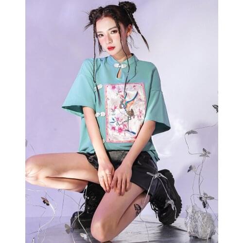 2021 improved hanfu chinese style womens ethnic ancient style short-sleeve cheongsam stand collar printing womens vintage tops