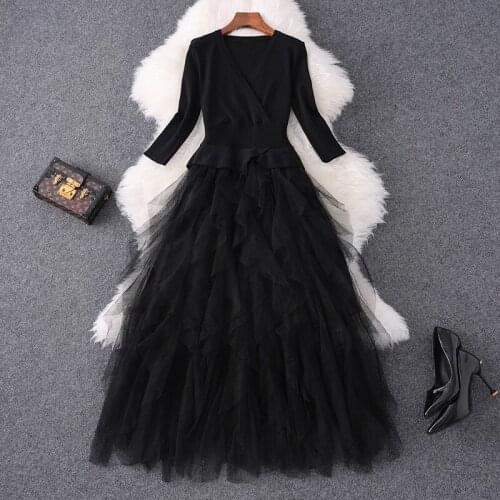 2021 spring womens new elegant round neck knitted patchwork pleated mesh long skirt slim dress 87551