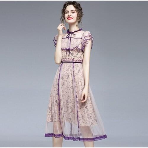 Elegant Fairy Women Floral Dress Casual Butterfly Sleeve Ruffles Bow Dress Female High Waist Summer Chic Mesh Party Dress