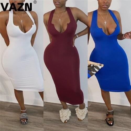 VAZN Daily sexy 2020 summer sexy lady knee-length solid sheath dress sleeveless V-neck springy dress lady streetwear chic dress