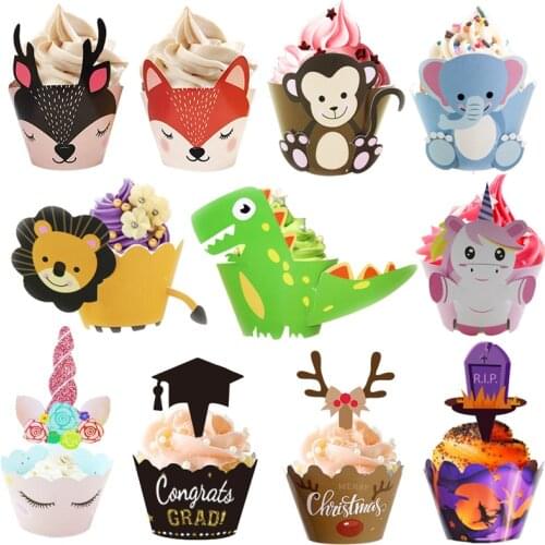 12Pcs Unicorn Cupcake Wrapper Decor Cartoon Animal Dinosaur Cake Topper For Baby Shower Birthday Party Supplies Cupcake