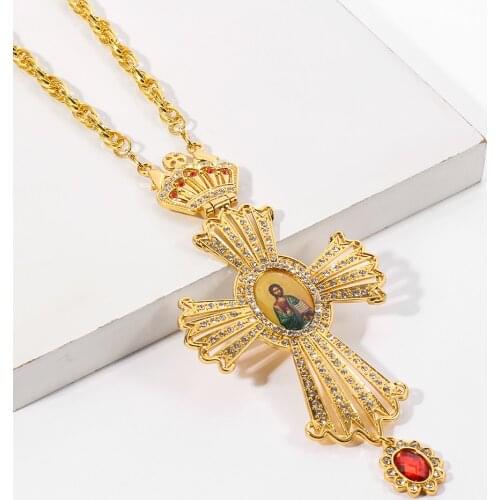 120CM Long Chain Religious Chest Necklace Russian Cross Crucifix Religious Lcon Orthodox Crown Top Pendant Jewelry Gift With Box