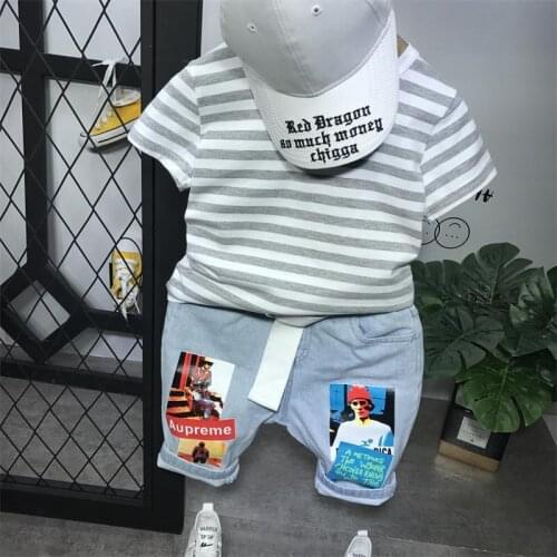 Baby Boys Clothing Sets Casual Striped Short Sleeve T-shirt Cartoon Printed Denim Shorts Toddler Kids Suits Children 2pcs 2020