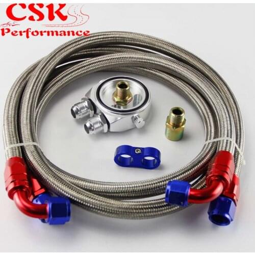 AN10 1.4m 1.6m Nylon Braided or SS Braided Oil Line+ AN10 Oil Filter Sandwich Adapter w/ Hose Fittings Black / Blue / Silver