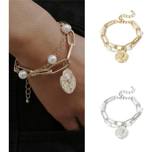Punk Simple Solid Color Pearl Metal Chain Coin Portrait Pendant Bracelet Bangle for Women Men Girls Teens 2021 Trend New Arrival