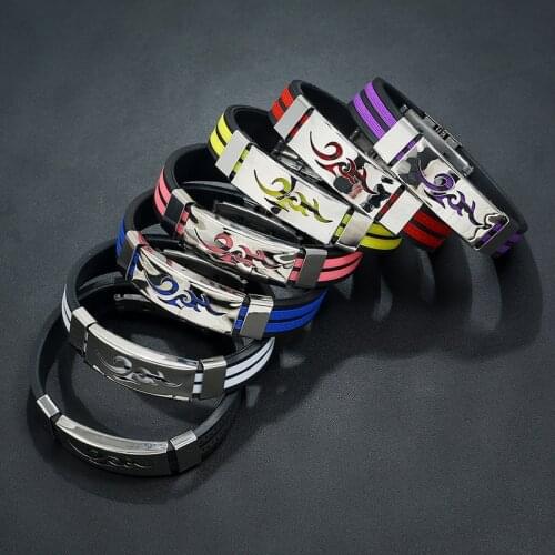 2019 Fashion Titanium Steel Personality Fire Pattern Men Black Silicone Stainless Steel Magnetic Clasp Bracelet Bangle Jewelry