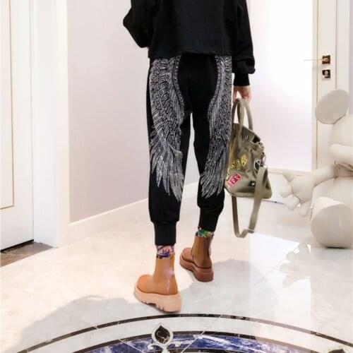 Women Pants Autumn Womens Pants Harem Loose Casual Pop Trousers Heavy Industry Rhinestone Wings Pants Pantalones De Mujer