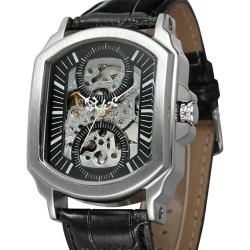 WINNER WATCH Creative surface double circle black no digital dial leather strap mens mechanical wrist watch