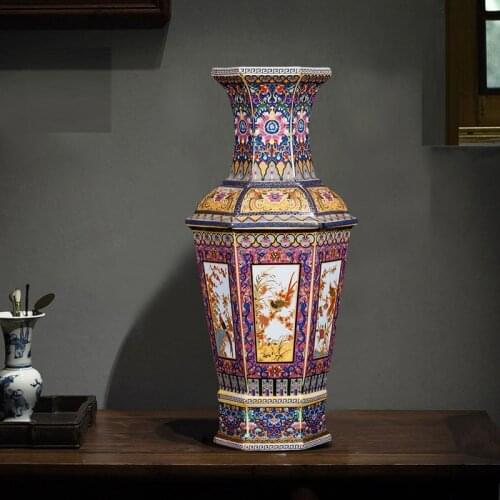 Jingdezhen antique handicrafts Qing Dynasty Yongzheng enamel Golden Hexagonal vase antique collection ornaments