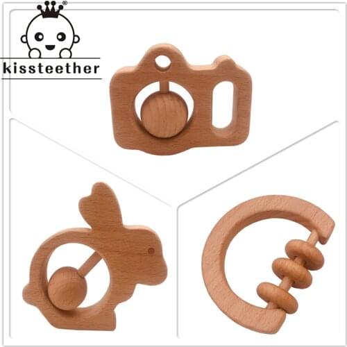 Kissteether Beech Wood Teethers Baby Rattle Nursing Teethers Hand Montessori Toy Eco-friendly Play Gym BPA Free Baby Teether