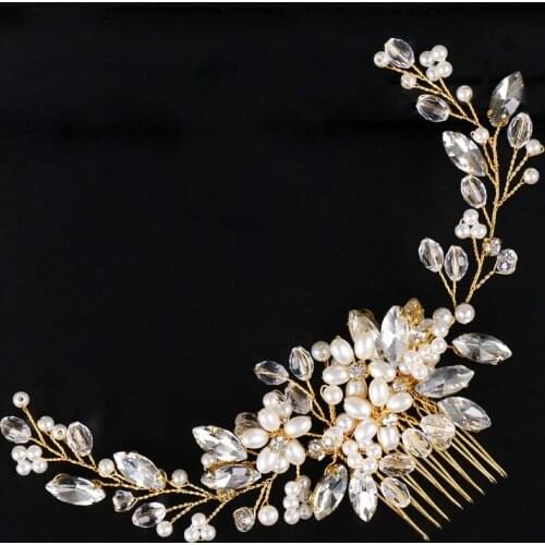 Golden Wire Bridal Hair Comb Wedding Hair Accessories Pearl Beads Tiaras Hairband Hair Jewelry Twig Style Headpiece LXH
