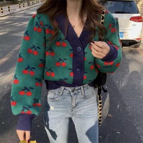 2colors korean style Women spring Autumn v neck Sweet Cardigans Sweater coats Female Outwear Cherry Knitted tops (N0246