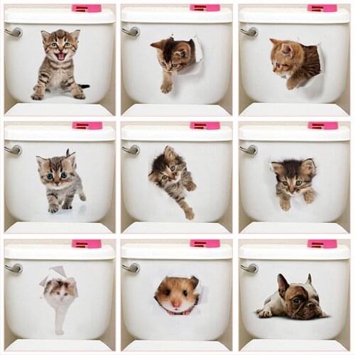 Cute Cat Dog Broke A Hole Pattern Toilet Stickers For Wc Wash Room Home Decor Diy 3d Wall Decals Pvc Cartoon Animals Mural Art
