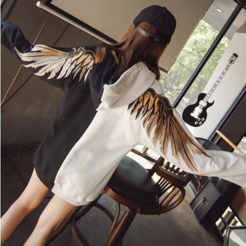 2019 Spring Autumn New Womens Missing Wings Embroidered Long Sleeve Color Patchwork Pullovers Long Sweatshirts Loose Hoodies