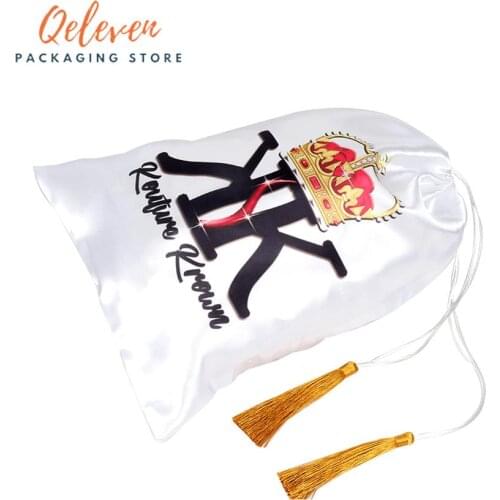 Custom Logo Shop Name Virgin Hair Bundles Extension Packaging Bags, Customized Luxuary Tassel Silk Satin Bags For Hair Packaging