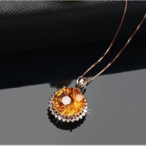 Luxury Necklaces Yellow Crystal Zircon Round Pendant Europe America Fashion Rose Golden Jewelry For Women Wedding New Year Gift