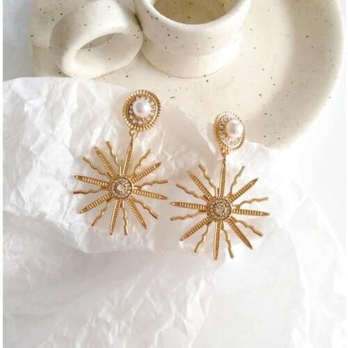 Gold Color Crystal Sun Metal Imitation Pearl Drop Earrings 2020 New Korean Fashion Statement Alloy Earrings Women Party Jewelry