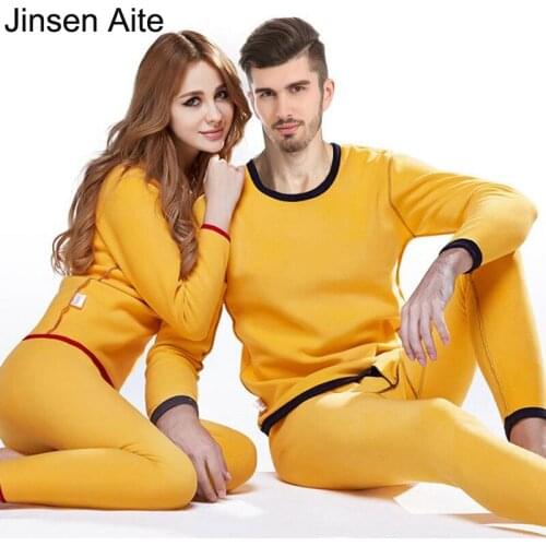 Jinsen Aite 2018 New Fleece Winter Couple Thermal Underwear Sets Thick Warm Men Pajamas Thermos Women Long Johns Plus Size JS647