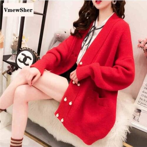 VmewSher New Autumn Winter Women Cardigan Pearl Buttons Long Sleeve Lady Elegant Sweater Coat Fashion Knitwear Sweet Knit Top