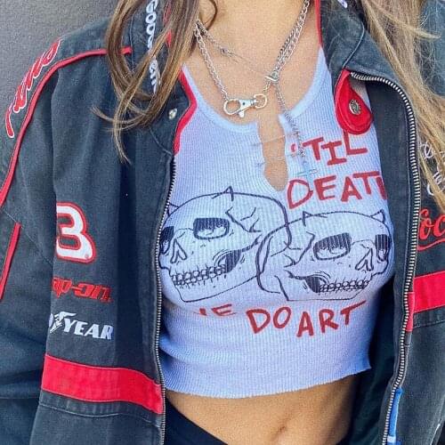 Y2k Shirt Skull Letter Print White Ribbed Tank Top Egirl Alt Goth Clothes Cut Out Sleeveless Crop Tops Summer 2021 New