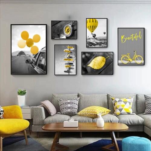 Yellow Scenery Art Print Hot Air Balloon Landscape Picture Nordic Mural Canvas Painting Wall Art Posters for Living Room Decor
