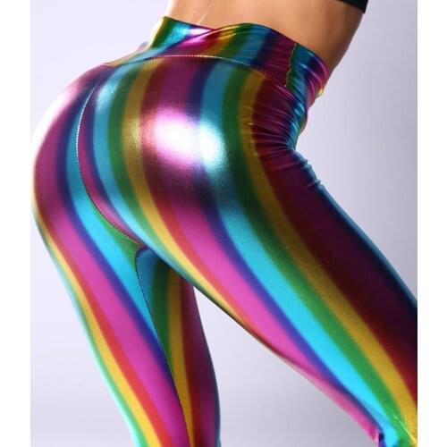 Womens Hologram Metallic Rainbow Leggings Glitter Neon Tights Stripes Printed High Waist Yoga Pants Faux Leather Party Clubwear
