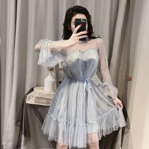 Women Summer Flare Sleeve Bandage Strap Pleated Mesh Gauze Ruffles Dress Elegant Lady Elastic Slim Bling Sequin Party Midi Dress