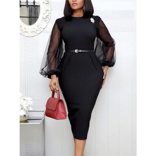Women Bodycon Dress Sheer Long Lantern Sleeves Office Ladies Slim See Through Femme Vestido Modest African Celebrate Occassion