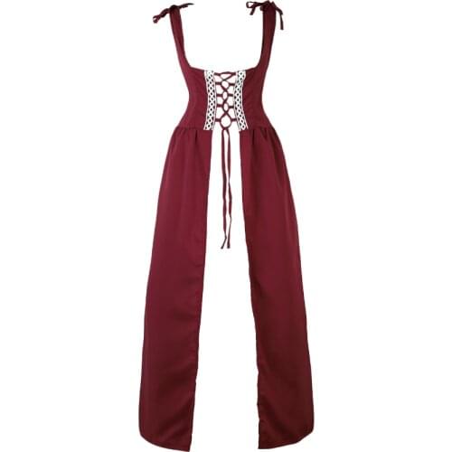 Women Renaissance Medieval Dress Irish Vintage Bandage Patchwork Lace Up Over Dress Cosplay Retro Gown Costume Plus Size S-2XL