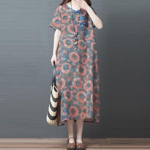 Women Summer Loose Casual Dress New Arrival 2021 Vintage Style Fashion Floral Print V-neck Female A-line Long Dresses S3700